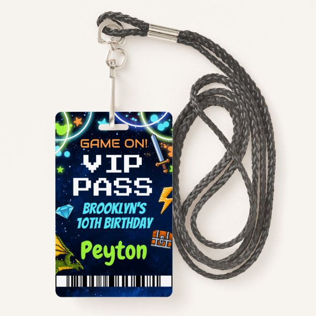 Arcade Games Birthday VIP Pass Lanyard ID Badge (Front with Lanyard)