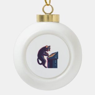 Arcade Meowster – Nostalgic Gamer Cat Ceramic Ball Christmas Ornament