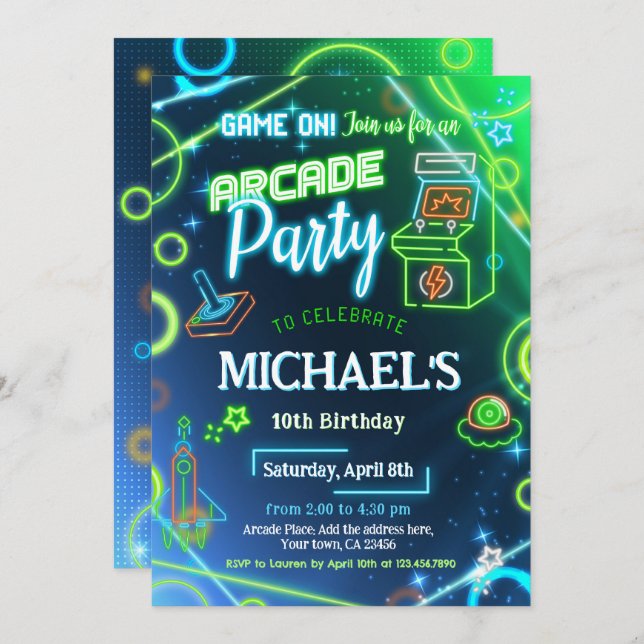Arcade Neon Glow Birthday Party Invitation (Front/Back)