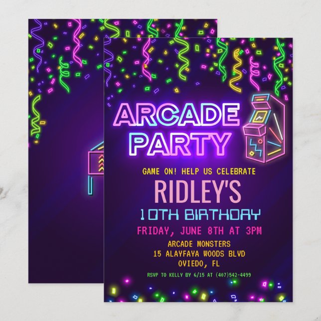 Arcade Party Birthday Invitation (Front/Back)
