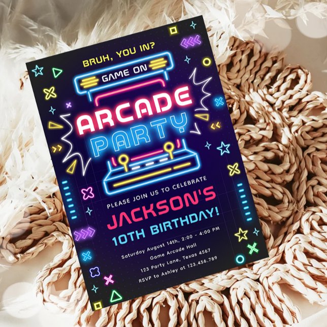 Arcade Party Glow Neon Video Game On Boy Birthday Invitation (Creator Uploaded)