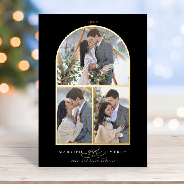 Arch 3 Photo Married and Merry Foil Holiday Card (Creator Uploaded)