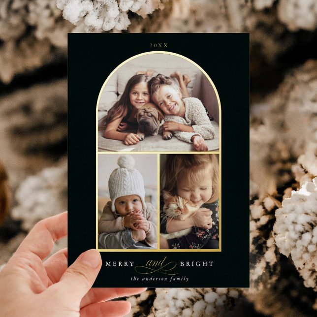 Arch 3 Photo Merry & Bright Gold Foil Holiday Card (Creator Uploaded)