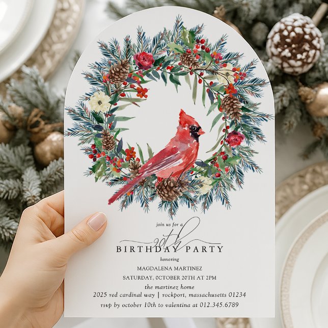 ARCH 90th Birthday Party Red Cardinal Wreath Invitation (Creator Uploaded)