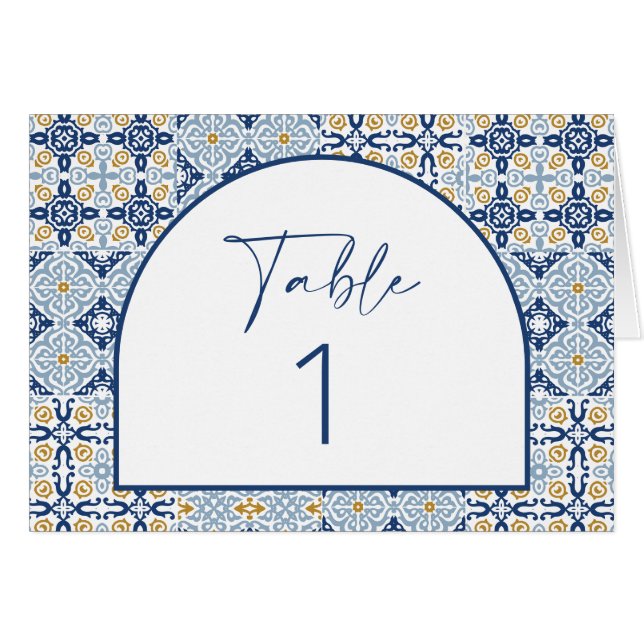 Arch Amalfi Blue Tile Table Number Horizontal Card (Front Horizontal)