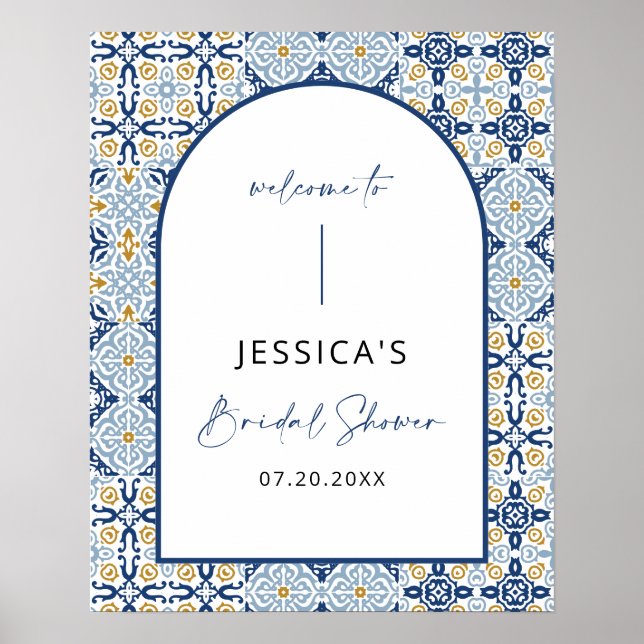 Arch Amalfi Mediterranean Blue Bridal Shower Sign (Front)