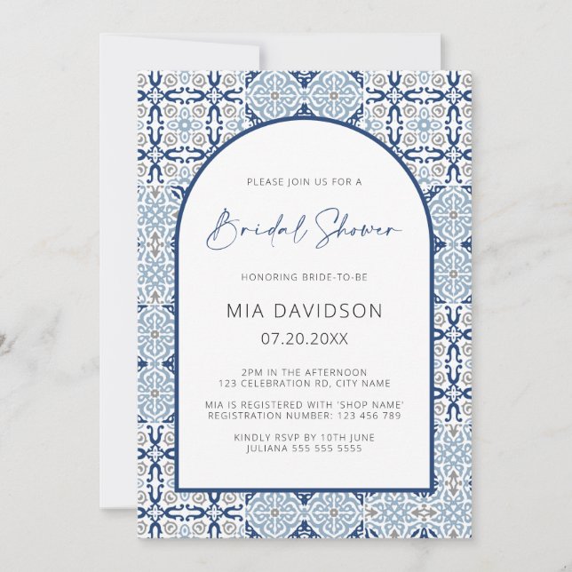 Arch Amalfi Tile Blue & Grey Bridal Shower  Invitation (Front)