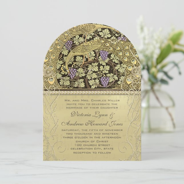 Arch Art Nouveau Peacock Birds Wedding Invitation (Standing Front)