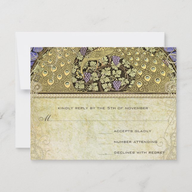 Arch Art Nouveau Peacock Birds Wedding RSVP (Front)