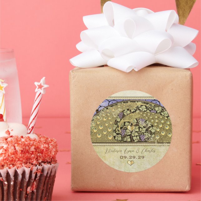 Arch Art Nouveau Vineyard Peacock  Classic Round Sticker (Party)