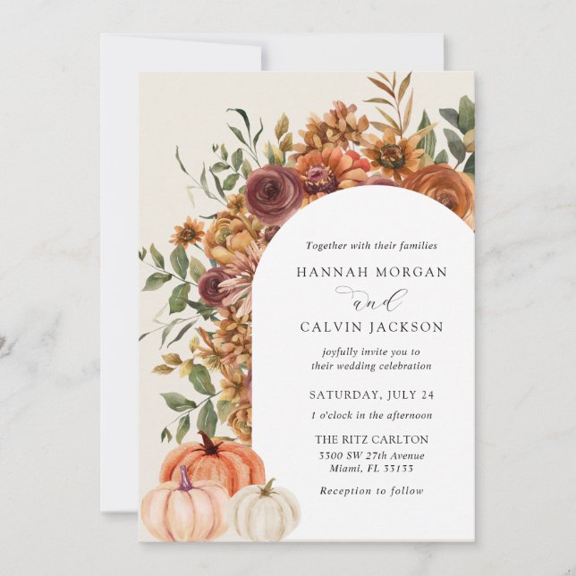 Arch Autumn Florals Pumpkin Wedding Invitation (Front)