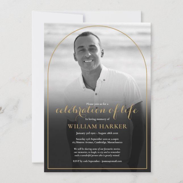 Arch Black and White Photo Celebration of Life Invitation (Front)