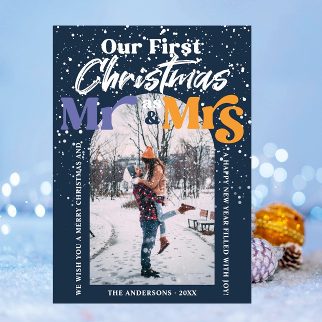 Arch Blue First Christmas Mr and Mrs Couple Photo  Holiday Card (Creator Uploaded)