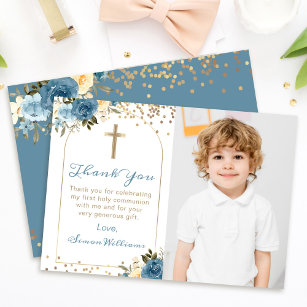 Arch Blue Floral First Holy Communion Photo Thank You Card