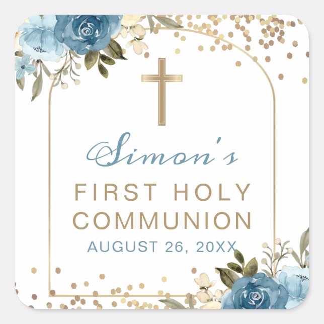 Arch Blue Gold Floral First Holy Communion Square Sticker (Front)