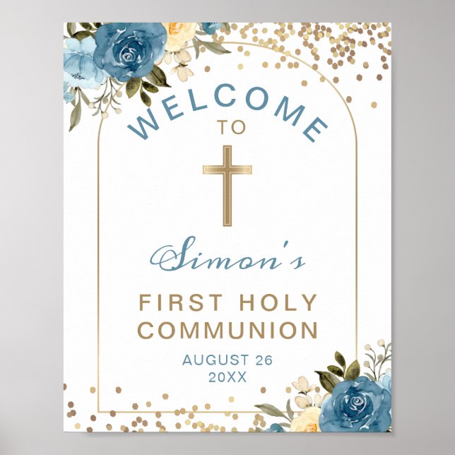 Arch Blue Gold Floral First Holy Communion Welcome Poster (Front)