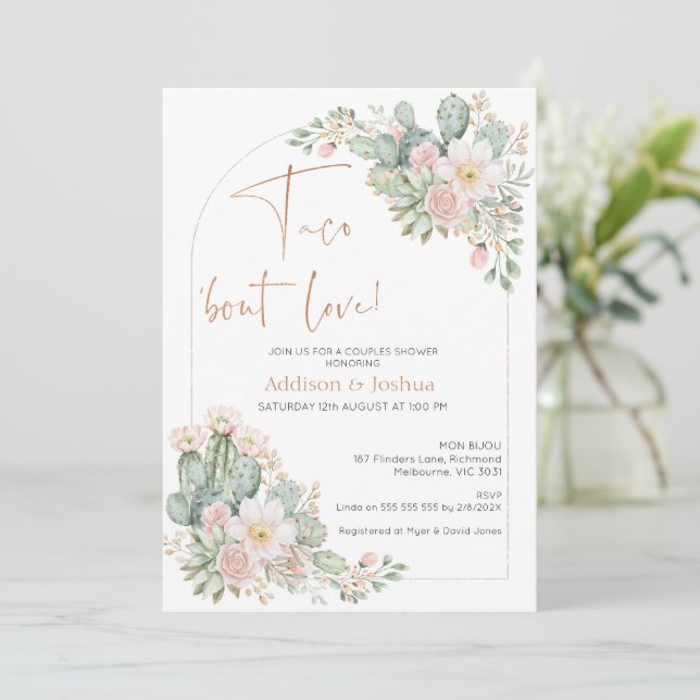 Arch Blush Floral Taco 'bout Love Couples Bridal Invitation (Standing Front)
