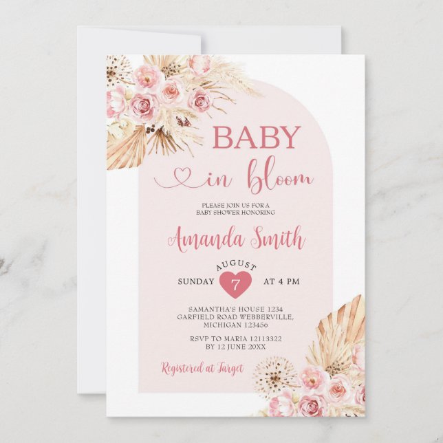 Arch Boho Baby In bloom Baby Shower Pampas Grass Invitation (Front)