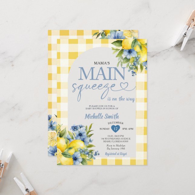 Arch Boho Mama's Main Squeeze Lemon Baby Shower Invitation (Front/Back In Situ)