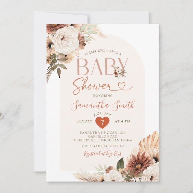 Arch Boho Pampas Grass Floral Baby Shower  Invitation (Front)