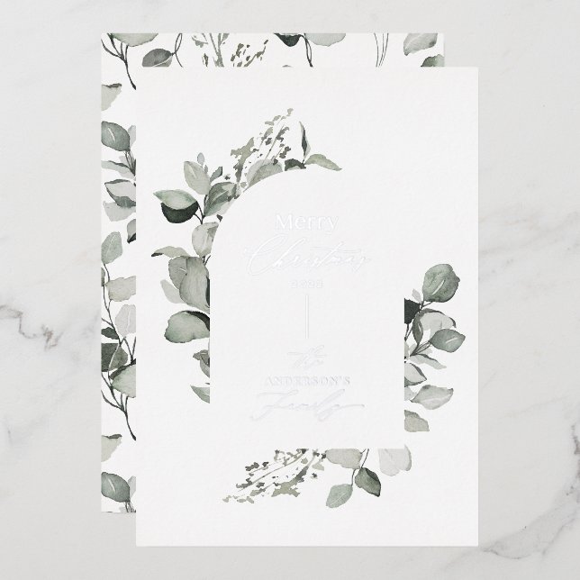 Arch botanical elegant modern Christmas script Foil Holiday Card (Front/Back)