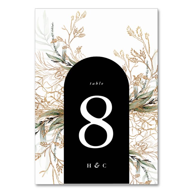 Arch Botanical Eucalyptus Golden Greenery Moss Table Number (Front)