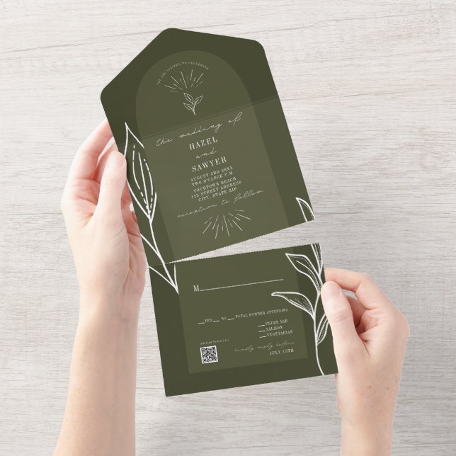 Arch Botanical Green Wedding QR RSVP  All In One Invitation (Tearaway)