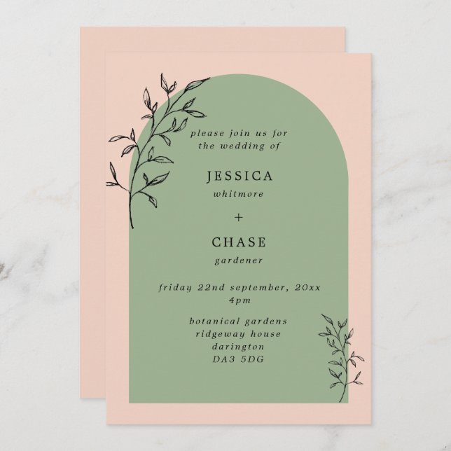 Arch & Botanical Leaves Blush & Sage Wedding Invitation (Front/Back)