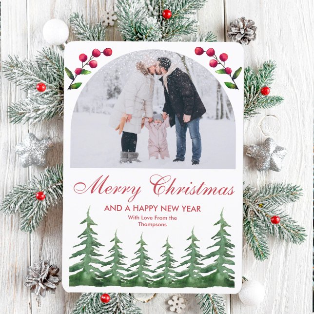 Arch Botanical Pine Trees Snow Christmas Photo Holiday Card (Creator Uploaded)