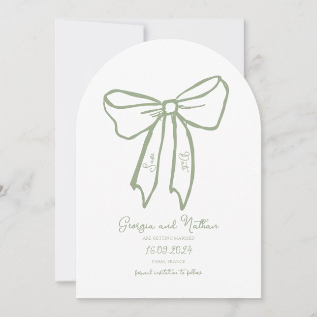 Arch Bow Sage Green Save the Date Invitation (Front)