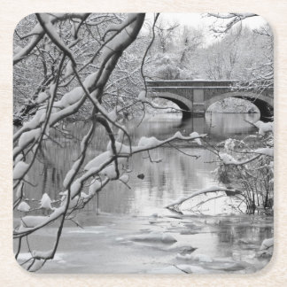 Arch Bridge over Frozen River in Winter Square Paper Coaster