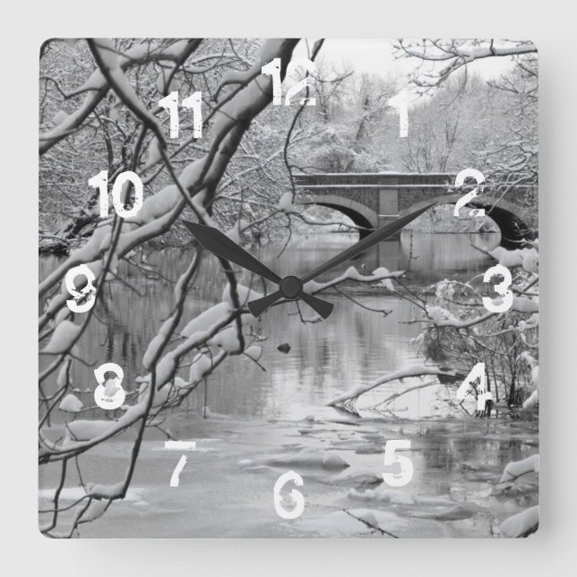 Arch Bridge over Frozen River in Winter Square Wall Clock (Front)