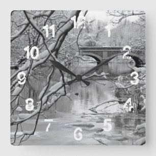Arch Bridge over Frozen River in Winter Square Wall Clock