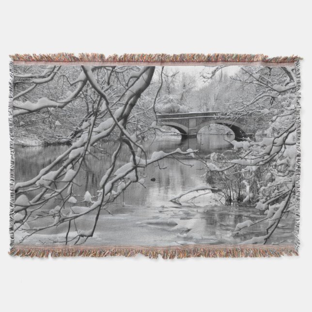 Arch Bridge over Frozen River in Winter Throw Blanket (Front)