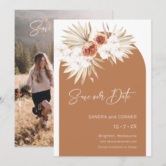 Arch Burnt Orange Floral Save The Date Card (Front/Back)