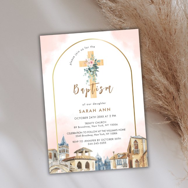 Arch Destination Floral Eucalyptus Cross Baptism Invitation (Arch Destination Floral Eucalyptus Cross Baptism Invitation)