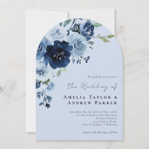 Arch Dusty Blue Rose Navy Floral QR Code Wedding Invitation