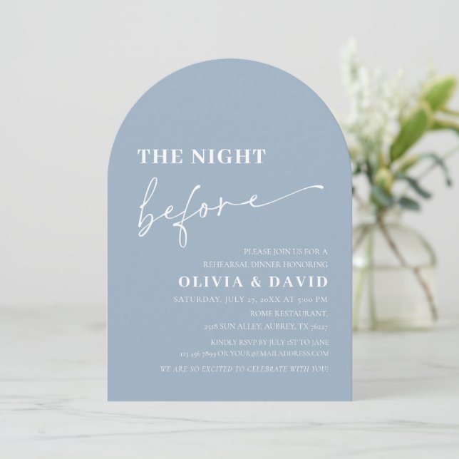 Arch Dusty Blue The Night Before Rehearsal Dinner Invitation (Standing Front)