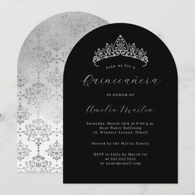 Arch Elegant Black Silver Tiara Quinceanera  Invitation (Front/Back)