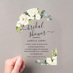 Arch Elegant White Ivory Floral Bridal Shower Acrylic Invitations