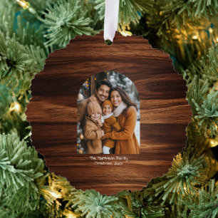 Arch Family Christmas Photo Woodgrain Pattern Tree Decoration Card