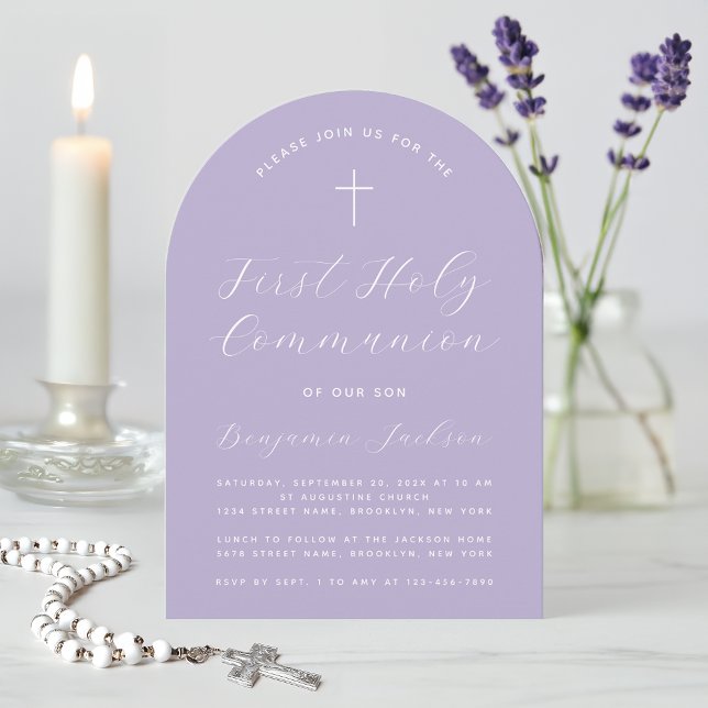 Arch First Communion Lavender Purple Modern Script Invitation (Creator Uploaded)