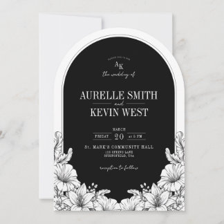 Arch Floral Black White Rustic Monogram Wedding Invitation