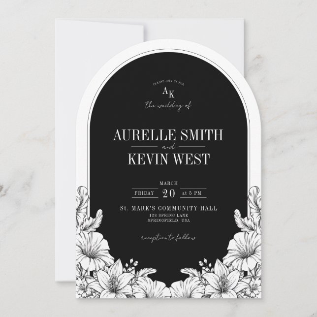 Arch Floral Black White Rustic Monogram Wedding Invitation (Front)
