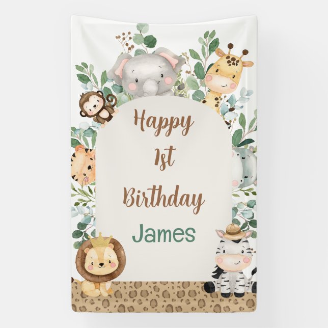 Arch Foliage Safari Party Animals 1st Birthday Banner (Vertical)
