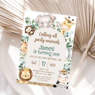 Arch Foliage Safari Party Animals 1st Birthday Invitation