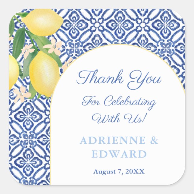 Arch Frame Capri Lemons Blue Tiles Wedding Favour Square Sticker (Front)