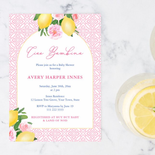 Arch Frame Ciao Bambina Lemons Baby Girl Shower Invitation (Ciao Bambina Italian inspired summer baby shower for girl invitation)