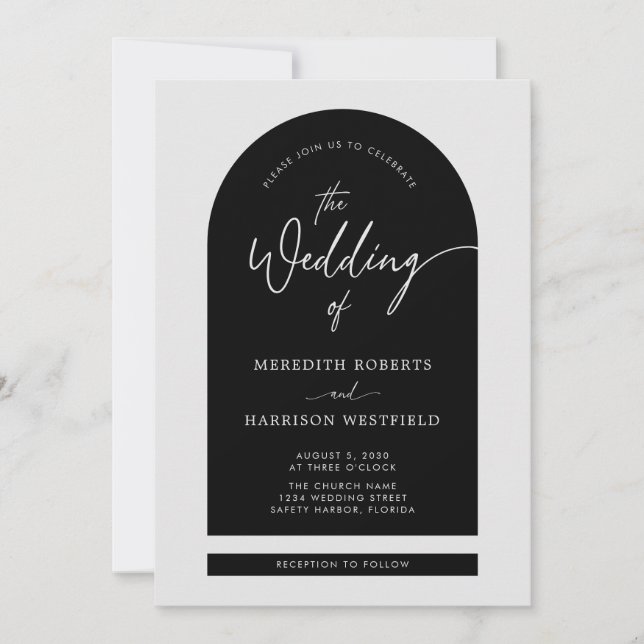 Arch Frame Modern Script QR Code Black Wedding Invitation (Front)