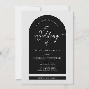 Arch Frame Modern Script QR Code Black Wedding Invitation